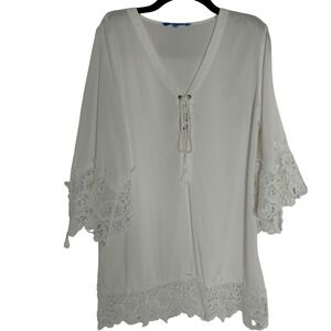 Blue Island Lace Trim Tunic Top Bell‎ Sleeve Boho Festival White S Beach Coverup